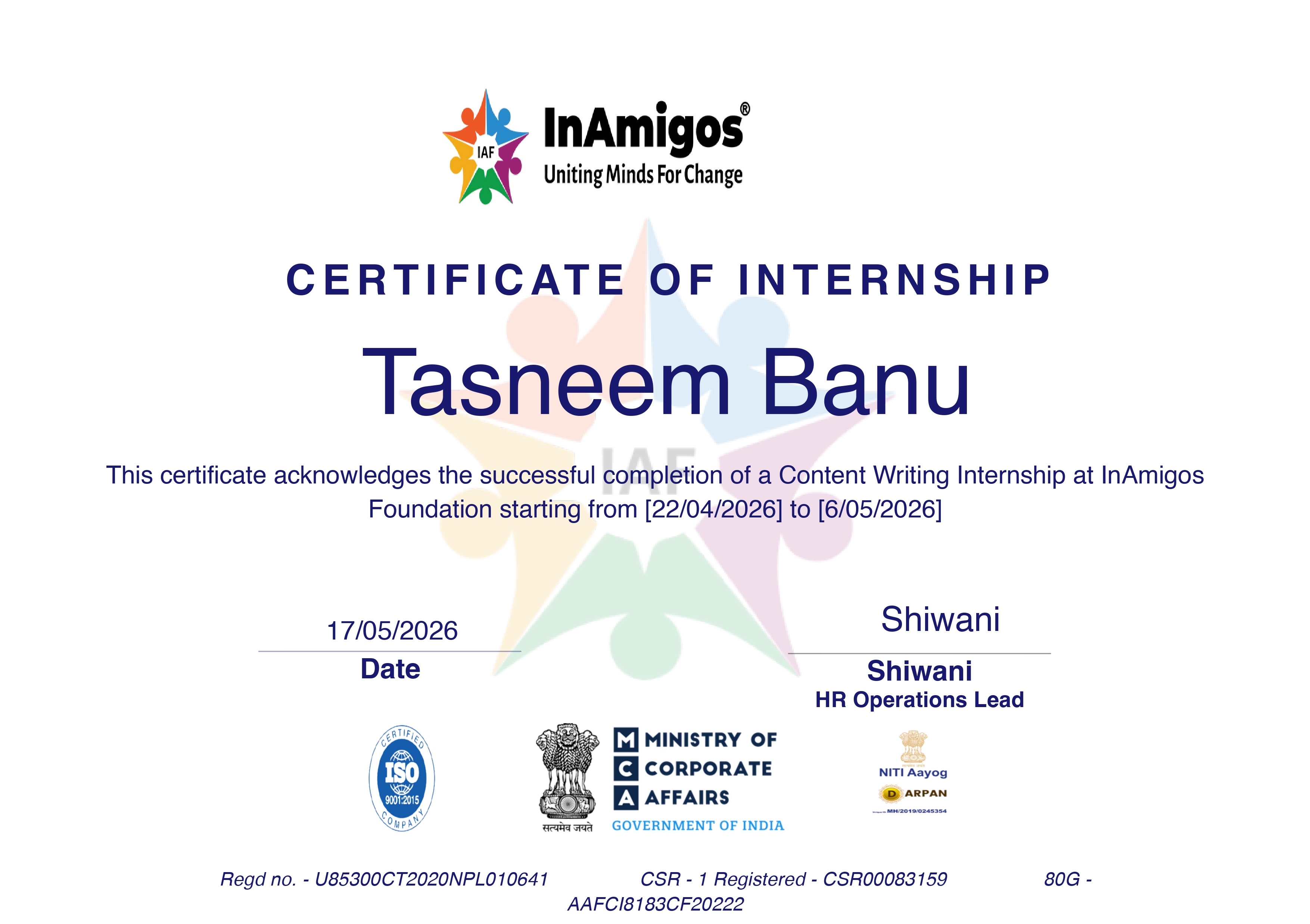 InAmigos Certificate